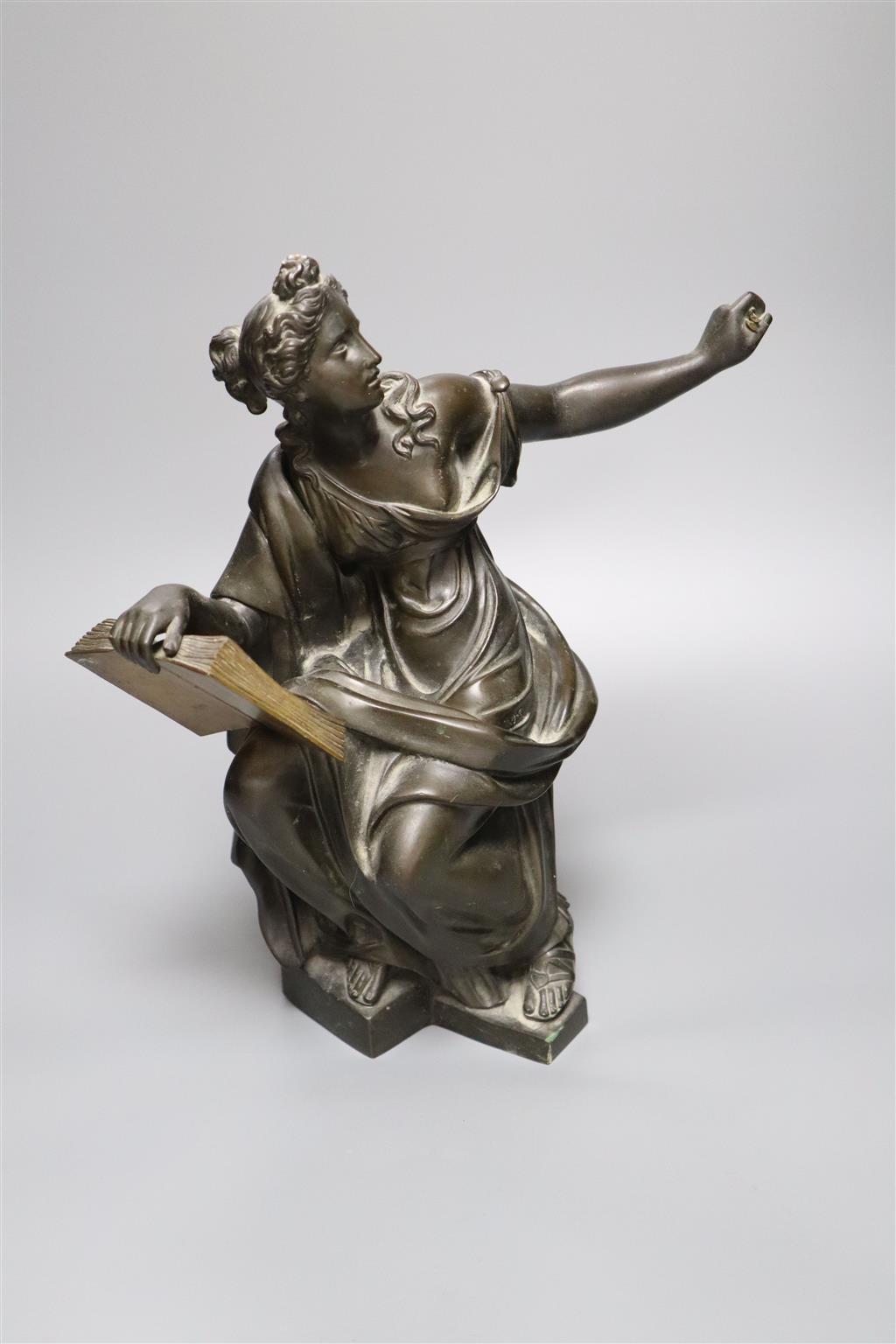 A 19th century bronze seated classical female figure emblematic of the Arts, 31cm (fault)
